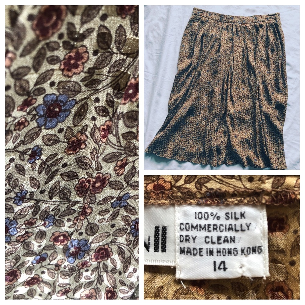 100% Silk Vintage Pleated Floral Skirt Gold